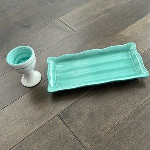 ANTHROPOLOGIE Turquoise Green Ceramic Dish Bundle, Scalloped Tray Egg Holder